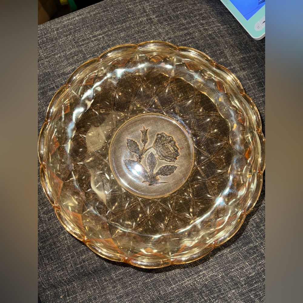 Vintage Marigold Carnival Glass Bowl With Flower